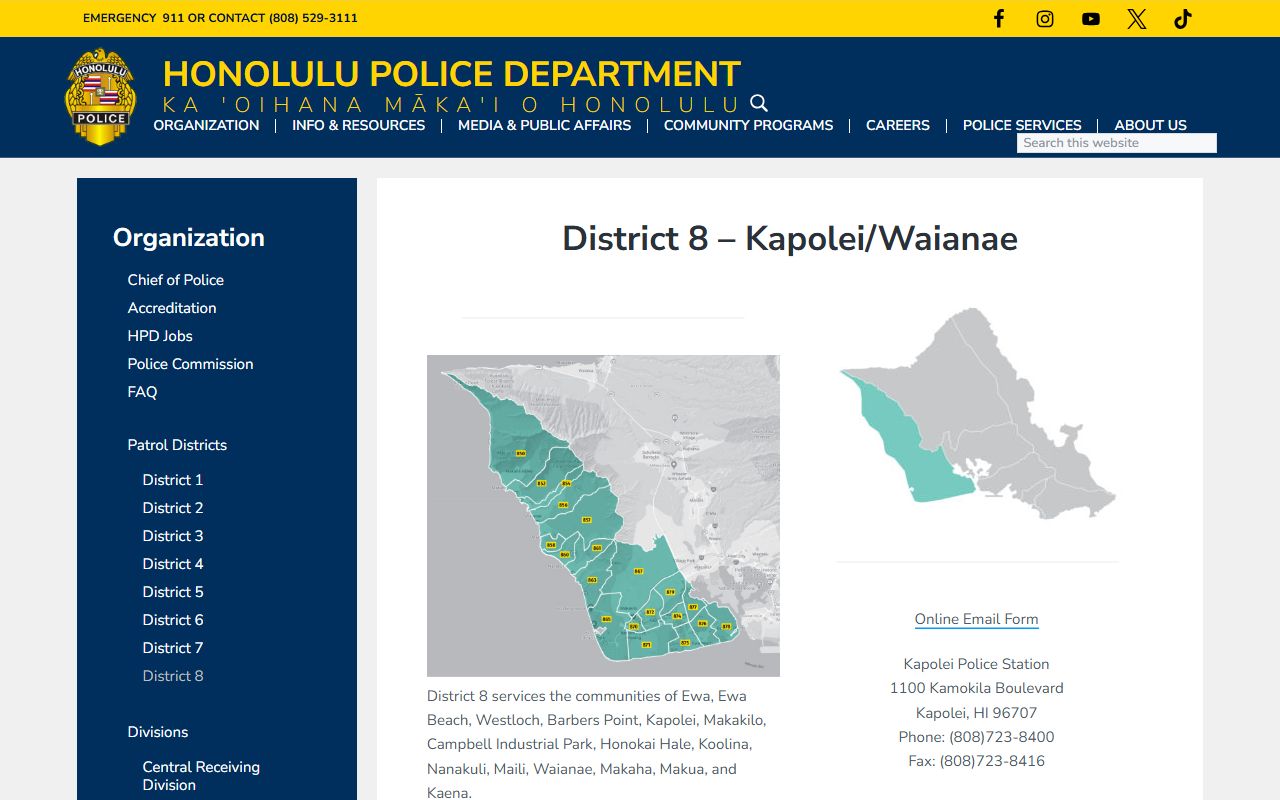 HPD District 8 Kapolei Waianae police district for Kapolei criminal records
