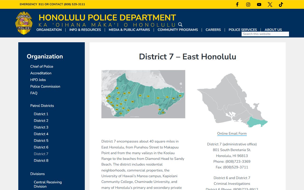 HPD District 7 East Honolulu police district for criminal records searches