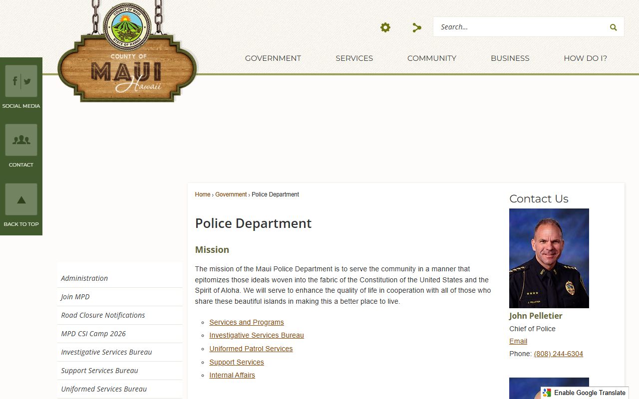 Maui County Police Department website for criminal records and police reports