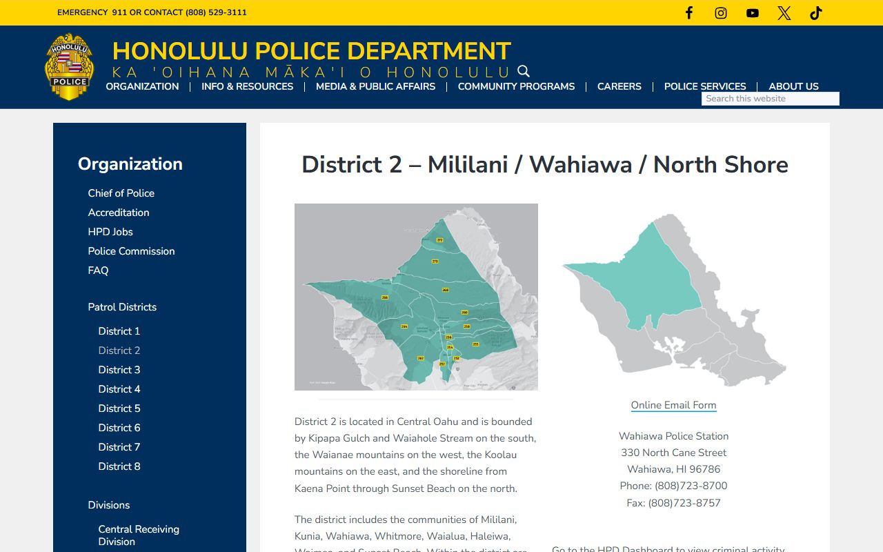 HPD District 2 covering areas surrounding Schofield Barracks for criminal records