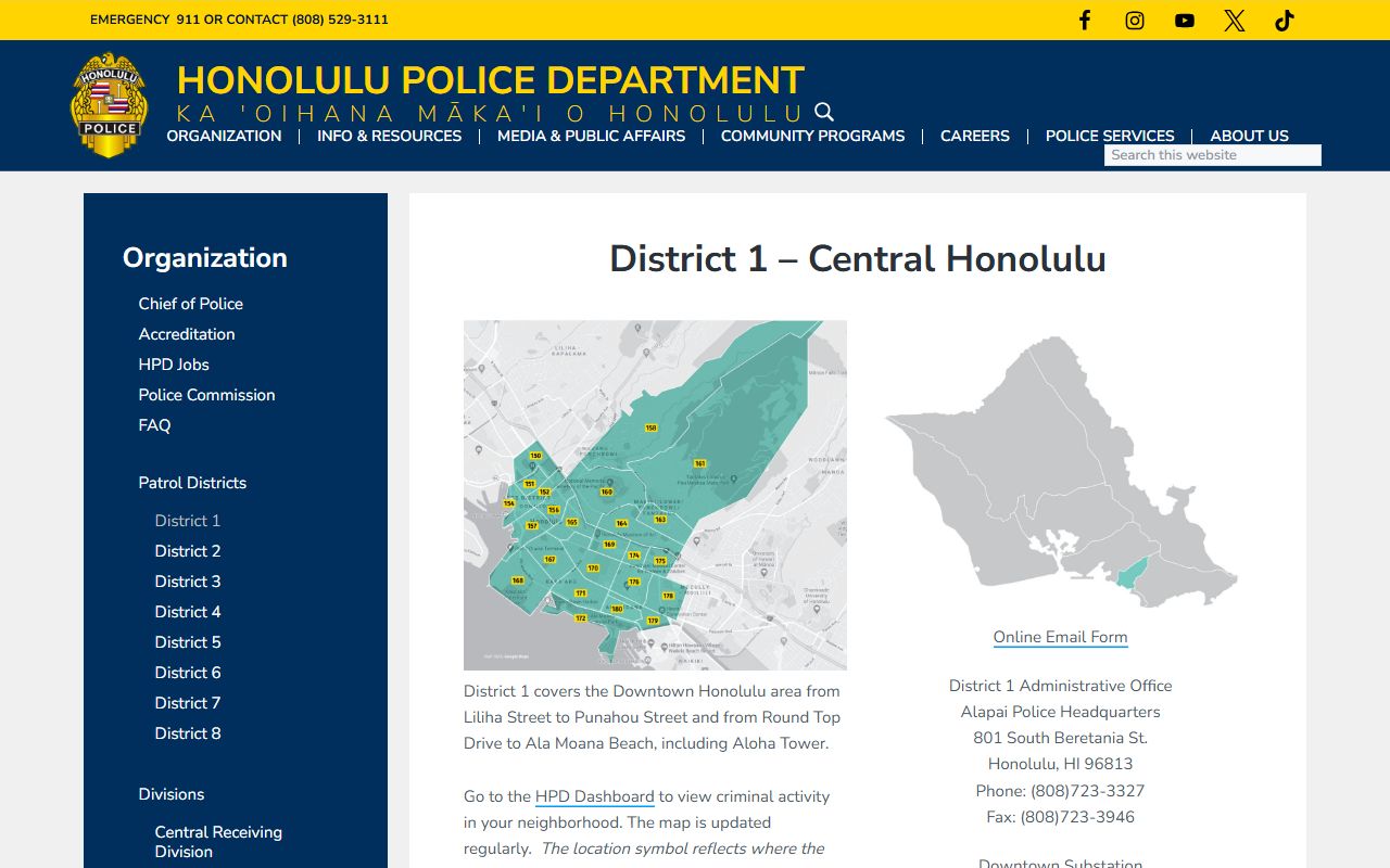 HPD District 1 Chinatown Downtown serving Urban Honolulu criminal records area