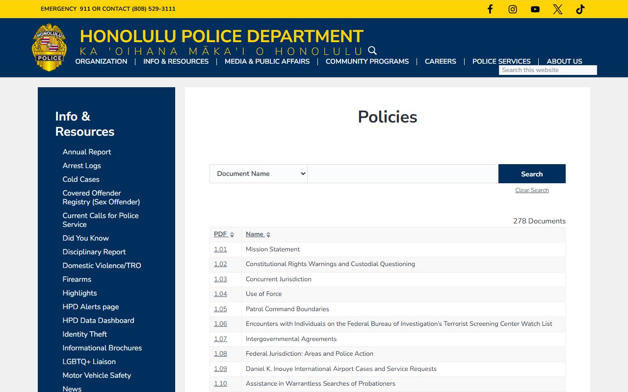 HPD policies page including arrest log access policies for Urban Honolulu criminal records