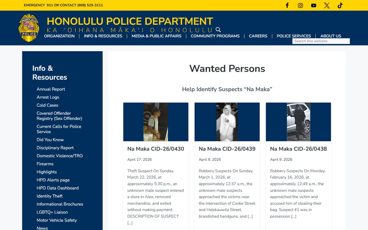 HPD wanted persons page relevant to Waipahu criminal records searches