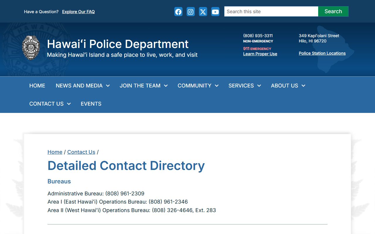 Hawaii Police Department contact directory for records requests in Hawaii County