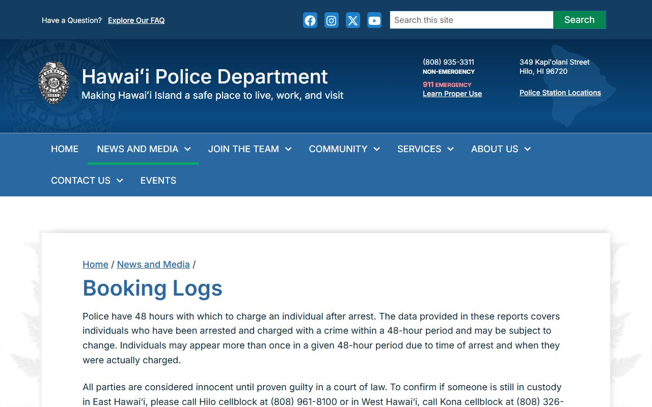 Hawaii Police Department booking logs for Hawaii County arrest records