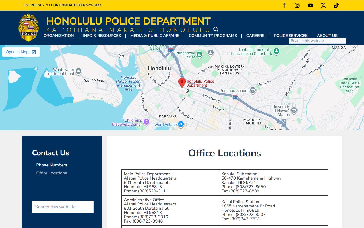 Honolulu Police Department office locations for criminal records and police reports