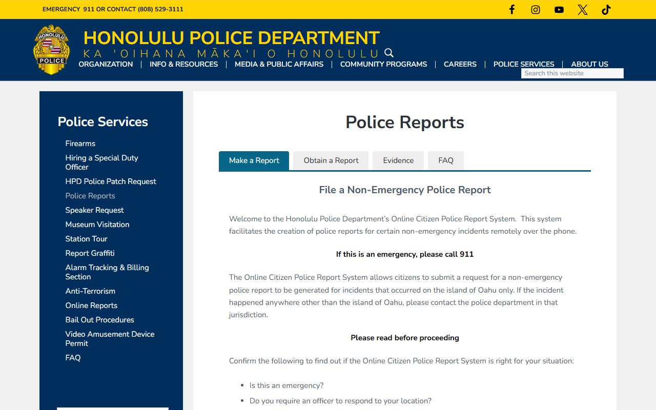 Honolulu Police Department police reports page for criminal records requests