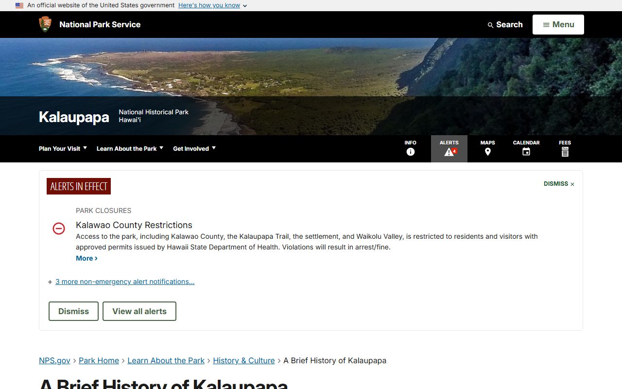 Kalaupapa history page for understanding Kalawao County unique jurisdiction