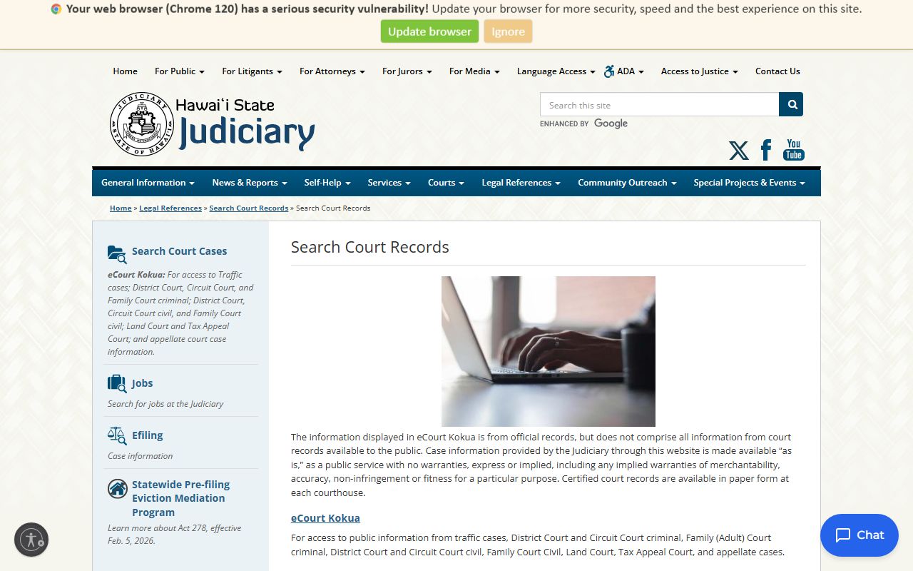 Hawaii eCourt Kokua court records search page