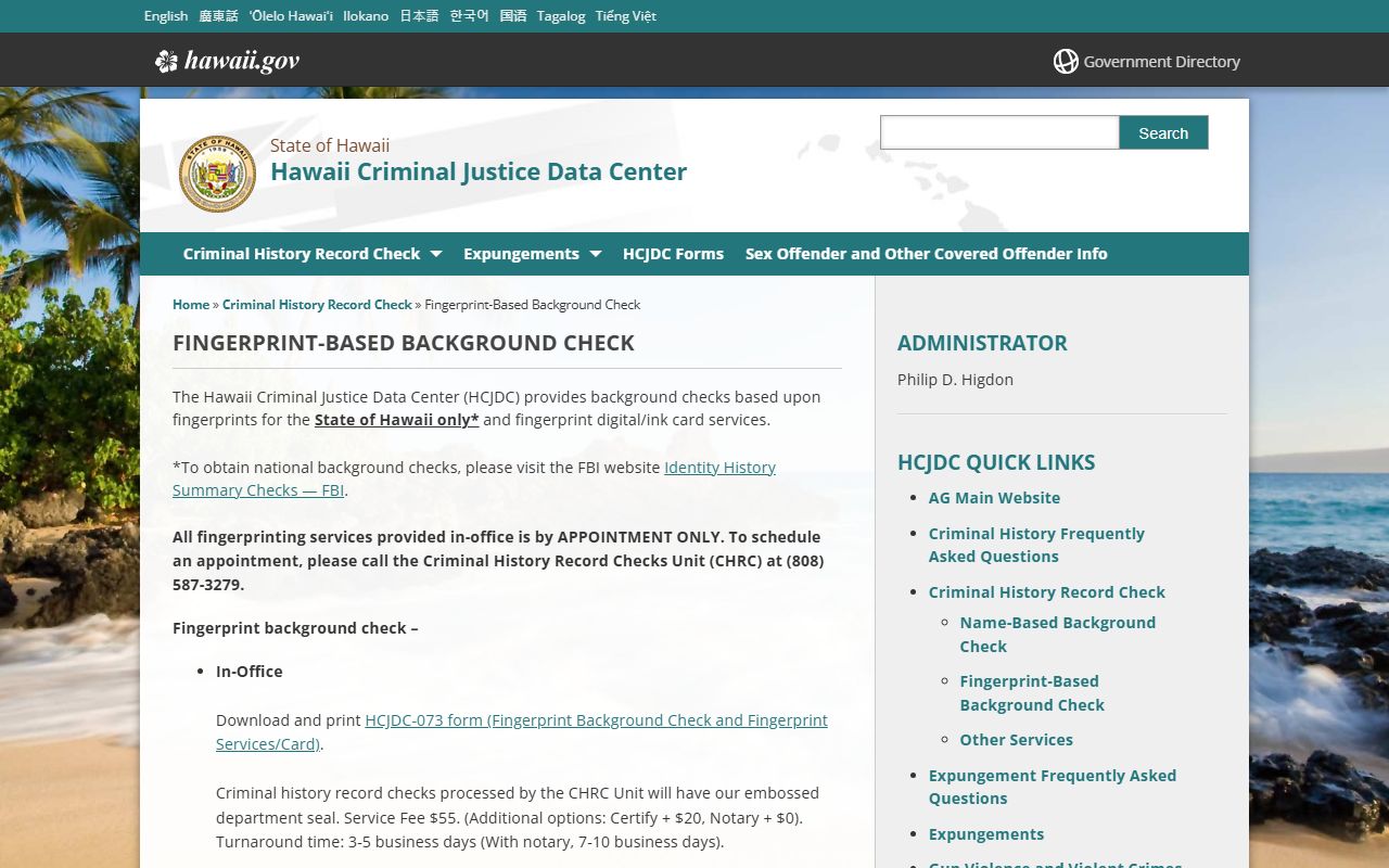 Hawaii HCJDC fingerprint-based background check information page