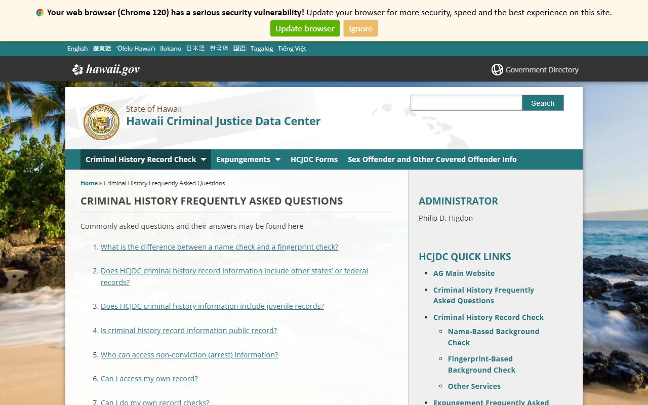 Hawaii HCJDC criminal history frequently asked questions page