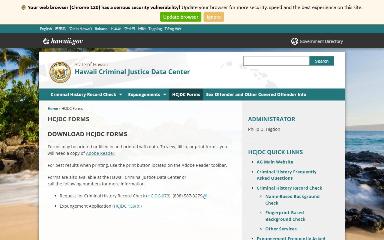 Hawaii HCJDC criminal record check forms page